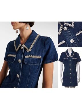 Self-Portrait Navy Blue Denim Mini Dress with Crystal Trim